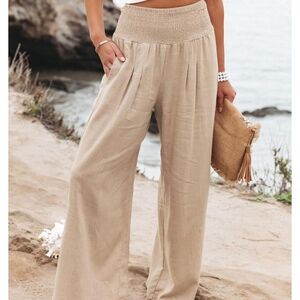 Beige Wide-Leg Smocked Waist Pants